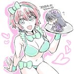  2025 2girls amate_yuzuriha apron aqua_eyes bikini black_dress blush bow bowtie breasts chibi closed_mouth commentary_request dated dress frilled_apron frills green_bikini gundam gundam_gquuuuuux holding holding_tray looking_at_viewer maid maid_apron maid_headdress multiple_girls nyaan_(gundam_gquuuuuux) open_mouth puffy_sleeves red_hair ribbon short_hair simple_background smile swimsuit tray white_background yanada_kiyorin 