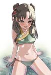  1girl absurdres bikini brown_hair commentary_request dust_bunny_(dtky5772) flower green_bikini hair_flower hair_ornament hair_ribbon hair_rings highres legend_of_mortal looking_at_viewer navel raised_eyebrows red_ribbon ribbon side-tie_bikini_bottom sidelocks sitting smile solo stream swimsuit water white_background ye_yunshang 