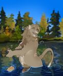  absurd_res anthro bathing facial_hair felid foreskin genitals hi_res keith_(aejann) likanen lion looking_back male mammal mature_male mustache nude outside pantherine penis raised_tail slightly_chubby smile soap solo swimming yellow_eyes 
