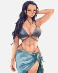  1girl abs absurdres arm_behind_head arm_up armpits bikini bion_(insomn_bion) black_hair black_nails blue_bikini blue_eyes blue_sarong breasts cleavage commentary earrings english_commentary fingernails hair_slicked_back highres jewelry large_breasts long_hair looking_at_viewer nail_polish navel nico_robin o-ring o-ring_bikini one_eye_closed one_piece parted_lips sarong signature simple_background skindentation solo stomach swimsuit tan tanlines underboob white_background 
