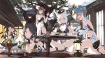  4girls absurdres ahoge animal_ear_fluff animal_ear_piercing animal_ears ankle_belt bare_shoulders barefoot black_collar black_hair blue_eyes bodhi_wushushenghua breasts cleavage closed_mouth collar commentary_request cup drinking_straw feet_up food fox_ears fox_girl green_eyes heterochromia highres holding holding_cup in_tree indian_style jewelry katana large_breasts looking_at_viewer lying mole mole_under_eye multiple_girls nail_polish navel on_floor on_stomach one_eye_closed original pink_eyes red_eyes seiza short_eyebrows sitting sitting_in_tree smile sword table toe_ring tree weapon white_hair wooden_floor wrist_belt yellow_eyes 