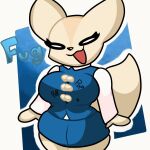  1:1 aggressive_retsuko anthro big_breasts blue_background blue_bottomwear blue_clothing blue_skirt blue_topwear bottomwear breasts canid canine clothing eyelashes female fennec fenneko fox fur hi_res lewdewott looking_at_viewer mammal narrowed_eyes onomatopoeia open_mouth sanrio shirt simple_background skirt solo sound_effects tan_body tan_fur text thick_thighs tight_clothing tight_topwear topwear wardrobe_malfunction white_background white_clothing white_eyes white_shirt white_topwear wide_hips 