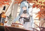  1girl alcohol apron black_dress blue_hair breasts cake cannian_dada chinese_commentary cleavage commentary_request cross_hair_ornament dress facial_mark food fruit girls'_frontline girls'_frontline_2:_exilium green_eyes hair_ornament head_ornament hk416_(girls'_frontline) holding holding_pastry_bag indoors jack_daniel's klukai_(girls'_frontline_2) klukai_(immaculate_service)_(girls'_frontline_2) large_breasts long_hair long_sleeves maid pastry_bag smile solo strawberry teardrop_facial_mark whiskey white_apron 