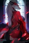  2022 anthro black_nose blue_eyes breasts canid canine clothed clothing digital_media_(artwork) eyebrows eyelashes female fox fur hair hi_res juliathedragoncat looking_at_viewer mammal red_for sitting solo white_body white_fur white_hair 