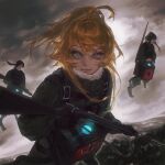  1boy 2girls blonde_hair blue_eyes brown_hair flying glowing gun highres holding jacket long_hair long_sleeves looking_at_viewer medium_hair military military_jacket military_uniform multiple_girls qiaoao33 rifle smile tanya_degurechaff viktoriya_ivanovna_serebryakov weapon wilibald_koenig youjo_senki 