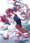  1boy absurdres arknights bare_shoulders bishounen black_shirt chinese_commentary coat coat_partially_removed colored_extremities commentary_request curtained_hair daoxian_erpuzi dragon dragon_boy dragon_horns dragon_tail eastern_dragon_horns eastern_dragon_tail floating_hair flower forked_eyebrows full_body gradient_hair grey_coat grey_eyes highres horns knee_up long_hair lotus male_focus mandarin_collar multicolored_hair pants parted_bangs pointy_ears ponytail red_hair red_hands shirt sleeveless sleeveless_shirt smile solo tail white_pants xiao_guan_(headdress) yu_(arknights) 