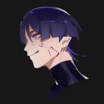  1boy :d adam's_apple black_background black_bodysuit black_hair blood blood_on_face bodysuit colored_inner_hair cropped_torso eyelashes eyeliner from_side genshin_impact hair_between_eyes hair_intakes half-closed_eyes kwy_(kwywii) looking_to_the_side makeup male_focus multicolored_hair purple_eyes purple_hair red_eyeliner scaramouche_(genshin_impact) sketch smile solo streaked_hair tongue tongue_out turtleneck turtleneck_bodysuit wanderer_(genshin_impact) 