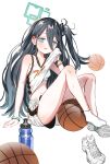  1girl arisu_(blue_archive) bangs bare_arms bare_shoulders basketball basketball_jersey black_hair black_hairband blue_archive blue_eyes bra breasts clothes_lift hair_between_eyes hairband halo highres knees_up lifted_by_self long_hair navel one_side_up ryoma_(rym_369) shirt shirt_lift shoe_removed shoe_soles shoes short_shorts shorts simple_background single_shoe sleeveless sleeveless_shirt small_breasts socks solo training_bra underwear very_long_hair white_background white_bra white_footwear white_shirt white_shorts 