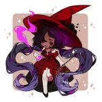  1girl absurdly_long_hair black_flower black_rose black_shoes commentary dress flower frilled_dress frilled_sleeves frills green_eyes hair_over_one_eye hat hat_flower high-low_dress highres holding_potion littlebluemuffin long_hair magic off_shoulder open_mouth original potion purple_hair red_dress red_hat rose shoes smile sparkle standing standing_on_one_leg twintails untranslatable_commentary very_long_hair witch witch_hat 
