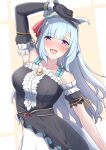  1girl absurdres animal_ears arm_up armpits asymmetrical_sleeves bare_shoulders black_dress black_gloves blue_hair blush braid breasts collarbone commentary_request crown_braid dress frills gloves highres horse_ears horse_girl horse_tail long_hair looking_at_viewer medium_breasts mejiro_ardan_(crystalline)_(umamusume) mejiro_ardan_(umamusume) off-shoulder_dress off_shoulder open_mouth purple_eyes sho_mix_illustration smile solo tail textless_version umamusume uneven_sleeves 