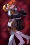  2girls aigis_(persona) android black_gloves blonde_hair brown_hair closed_eyes commentary english_commentary gekkoukan_high_school_uniform gloves hair_ornament hairband hairclip headphones highres jewelry joints kiss multiple_girls no_feet no_shoes persona persona_3 persona_3_reload ring robot_ears robot_girl robot_joints s.e.e.s school_uniform shiomi_kotone short_hair single_glove socks white_socks yukiart_83 yuri 