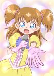  1girl :d blue_eyes blush brown_hair commentary_request curekawasemi11 dress gloves hamtaro_(series) highres holding holding_microphone idol_clothes kurihara_kurumi microphone partial_commentary pink_gloves puffy_short_sleeves puffy_sleeves short_sleeves smile solo two_side_up yellow_dress 