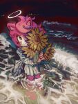  1girl amy_rose angel angel_wings animal_nose beach blue_sailor_collar city_lights commentary covering_one_eye crying crying_with_eyes_open eyelashes feathered_wings floating_hair flower foaming_waves furry furry_female green_eyes halo hedgehog_girl highres holding holding_flower littlesky looking_at_viewer looking_up low_wings ocean pink_fur pink_hair pleated_skirt red_pupils sailor_collar school_uniform serafuku shirt shore skirt solo sonic_(series) sunflower tears traditional_halo wading water waves wavy_hair white_shirt white_skirt white_wings wind wings yellow_flower 