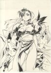  1990s_(style) 3girls adjusting_eyewear ass_visible_through_thighs bracelet breasts breath_of_fire breath_of_fire_iii bun_cover capcom chinese_clothes chun-li circlet closed_mouth company_connection crossover curtained_hair dodai_shouji double_bun dress dungeons_&amp;_dragons dungeons_&amp;_dragons:_chronicles_of_mystara earrings glasses greyscale hair_bun hand_on_own_hip hand_up hat highleg highleg_panties jewelry large_breasts looking_at_viewer lucia_(chronicles_of_mystara) mandarin_collar momo_(breath_of_fire) monochrome multiple_girls panties parted_lips pelvic_curtain pince-nez puffy_short_sleeves puffy_sleeves qipao retro_artstyle round_eyewear sash short_sleeves side_slit simple_background smile spiked_bracelet spikes standing street_fighter thighs third-party_source traditional_media underwear white_background 