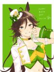  ahoge amami_yurina_(artist) animal_ears asymmetrical_jacket choker commentary green_shirt hand_on_own_cheek hand_on_own_face hand_up happy_birthday hat highres horse_ears horse_girl horse_tail mini_hat mini_top_hat mr._c.b._(clear_bliss)_(umamusume) mr._c.b._(umamusume) shirt single_sleeve single_wrist_cuff strapless strapless_shirt tail top_hat umamusume wrist_cuffs yellow_choker 
