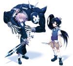  1boy 1other absurdres arm_up arms_at_sides black_eyes black_hair character_request crona_(soul_eater) expressionless highres holding holding_knife holding_sword holding_weapon kneehighs knife long_sleeves looking_at_another nervous omori pink_hair remi_(mozzaremi) short_hair short_sleeves socks something_(omori) sword weapon 