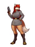  2022 anthro belt big_breasts blazbaros breasts brown_body brown_fur canid canine canis clothed clothing dipstick_tail domestic_dog female fox fur gun hair hand_on_hip hi_res husky hybrid inner_ear_fluff mammal markings nordic_sled_dog ranged_weapon red_hair solo solstice_dewinter spitz tail_markings tan_body tan_fur thick_thighs tuft weapon wide_hips 