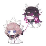  2girls black_bow black_hair blue_eyes blush_stickers bow brown_hair chibi chibi_only closed_eyes closed_mouth coat colored_inner_hair columbina_(genshin_impact) commentary_request eye_mask fatui_coat floating full_body fur-trimmed_coat fur_trim genshin_impact hair_bow hair_flaps hair_ornament long_hair mask multicolored_hair multiple_girls multiple_wings musical_note official_alternate_costume purple_hair purple_streaks sandrone_(genshin_impact) see-through_clothes see-through_mask short_hair_with_long_locks simple_background ssinnamoonroll streaked_hair two-tone_hair white_background white_bow white_coat white_headdress white_mask white_wings wing_hair_ornament wings 