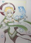  +_+ 1girl absurdres armpit_crease blonde_hair breasts clione commentary_request cototiworld gloves green_eyes hands_up hat highres marker_(medium) medium_hair navel open_mouth revealing_clothes sea_angel_girl signature small_breasts solo stomach traditional_media white_gloves yumekui_merry 
