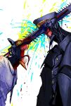  2boys black_coat black_necktie blood blood_on_weapon blood_splatter chainsaw chainsaw_man coat collared_shirt denji_(chainsaw_man) facing_to_the_side fighting gigan_(gigan1024896) hat highres horns katana katana_man_(chainsaw_man) male_focus military_hat multiple_boys necktie open_mouth pull_cord red_horns sharp_teeth shirt sideburns sword teeth trench_coat weapon white_background 