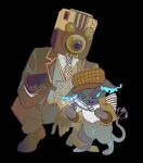  1other absurdres animal bayueyirixue belt belt_buckle between_legs black_background black_belt black_gloves black_jacket black_pants black_shoes blazer blue_eyes blue_sclera brown_jacket buckle camera cat chest_fur chinese_commentary clothed_animal collared_shirt colored_sclera commentary_request deerstalker diagonal-striped_clothes diagonal-striped_necktie ears_down fiery_ears forked_tail full_body furrowed_brow gem gloves gold_trim grey_vest grim_(twisted_wonderland) half-closed_eyes hand_between_own_legs hat high_collar highres holding holding_gem holding_magnifying_glass jacket leather leather_gloves looking_at_object looking_down lower_teeth_only magnifying_glass necktie night_raven_college_school_uniform object_head open_clothes open_jacket pants pointing pointing_at_object rearing school_uniform sharp_teeth shirt shoes simple_background sleeve_cuffs squatting striped_clothes striped_necktie tail teeth twisted_wonderland v-shaped_eyebrows vest white_necktie white_shirt yuu_(twisted_wonderland) 