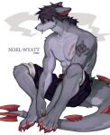  1boy animal_ears animal_feet arm_tattoo between_legs body_fur brown_hair brown_shorts cigarette claws digitigrade ears_down fish7163 full_body furry furry_male grey_fur hand_between_legs highres knees_up looking_to_the_side male_focus original red_eyes scar scar_on_chest short_hair shorts shoulder_tattoo simple_background sitting smoke smoke_trail smoking solo tail tattoo toned toned_male topless_male white_background wolf_boy wolf_ears 