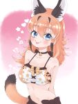  1girl absurdres animal_costume animal_ear_fluff animal_ears bikini blue_eyes blush caracal_(kemono_friends) caracal_ears choker cthun_n highres kemono_friends kemono_friends_v_project long_hair looking_at_viewer navel orange_hair ribbon skirt smile solo swimsuit tail tongue virtual_youtuber 