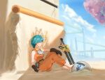  1girl absurdres aqua_eyes aqua_hair asymmetrical_gloves belt chainsword commentary english_commentary fingerless_gloves gloves highres jumpsuit lymboever motorslice orange_jumpsuit orbie p_(motorslice) pants sand short_hair sitting smile uneven_gloves weapon 