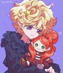  1girl blonde_hair chocolat_meilleure closed_mouth commentary doll earrings eyelashes frills gunmuljudy highres holding holding_doll jewelry long_sleeves orange_hair pendant pointy_ears purple_background purple_eyes sugar_sugar_rune twitter_username untranslatable_commentary vanilla_mieux 