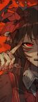  1girl artist_collaboration black_hair black_horns black_shirt collared_shirt commentary_request crown extra_eyes extra_horns fingerless_gloves fingernails flower gloves hair_flower hair_ornament highres horns long_fingernails long_hair looking_at_viewer mahou_shoujo_no_majo_saiban mini_crown necktie nikaido_hiro nox_laurant open_mouth red_eyes red_flower red_necktie second-party_source sharp_fingernails shirt solo spoilers torn_clothes torn_gloves user_aut witch_(manosaba) 
