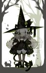  1girl absurdres animal animal_ear_headwear bandage_over_one_eye black_boots black_bow black_cat black_coat black_dress black_hat black_ribbon black_streaks black_thighhighs bloomers blush blush_stickers boots bow braid buttons cat cat_tail chest_tattoo closed_mouth coat commentary curly_hair deformed dress english_commentary eye_hair_ornament forest frilled_bloomers frilled_coat frills garter_straps green_eyes hair_bow hat highres holding holding_animal holding_cat littlebluemuffin long_hair multicolored_hair multiple_cats multiple_hair_bows nature neck_ribbon original pointy_ears ribbon side_braids slit_pupils streaked_hair tail tattoo thighhighs torn_clothes very_long_hair watermark white_bloomers white_hair witch witch_hat 