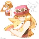  1girl absurdres bare_shoulders black_shirt blonde_hair blue_eyes commentary cropped_torso doodle_inset english_commentary english_text eyewear_on_head eyewear_pull fennekin grey_eyes hat highres holding holding_pokemon hug leeian long_hair looking_at_viewer looking_over_eyewear multiple_views pokemon pokemon_(anime) pokemon_(creature) pokemon_the_series:_xy red_hat serena_(pokemon) shirt short_hair sleeveless sleeveless_shirt sunglasses twitter_username white_background 