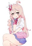  1girl :q ahoge araimelon bare_legs blue_skirt blush bow bowtie bra breasts brown_eyes clothes_around_waist commentary crossed_legs gyaru hair_between_eyes hair_ornament highres invisible_chair jacket jacket_around_waist legs lifting_own_clothes long_hair looking_at_viewer miniskirt naughty_face navel official_alternate_costume onii-chan_wa_oshimai! open_clothes open_shirt oyama_mahiro pink_bra pink_hair plaid_clothes plaid_skirt pleated_skirt rabbit_hair_ornament red_bow red_bowtie school_uniform shirt short_sleeves simple_background sitting skirt small_breasts smile solo thighs tongue tongue_out unbuttoned unbuttoned_shirt underwear white_background white_shirt 