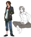  1girl bandaid bandaid_on_face bandaid_on_nose black_jacket black_shoes black_skirt blue_pants bow bowtie breasts brown_hair closed_mouth collared_shirt commentary eren_yeager full_body fushi_(nhimpe2009) genderswap genderswap_(mtf) green_eyes half_updo hands_in_pockets highres invisible_chair jacket long_hair medium_breasts pants pants_rolled_up pants_under_skirt parted_bangs parted_lips red_bow red_bowtie shingeki_no_kyojin shirt shoes sitting skirt socks solo standing suit_jacket survey_corps_(emblem) untranslatable_commentary white_background white_shirt white_socks 