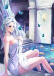  1girl blue_butterfly blue_eyes blue_hair blue_nails breasts bug butterfly cleavage commentary earrings english_commentary flower hair_bun highres hoop_earrings indie_virtual_youtuber jewelry legs lemon_lime looking_at_viewer looking_back medium_breasts monarch_amalee naked_towel pool solo stone_pillar thighs towel virtual_youtuber water 