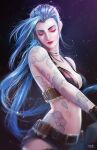  1girl absurdres alternate_breast_size_(larger) arm_tattoo asymmetrical_bangs bandolier belt bikini bikini_top_only black_background black_shorts blue_hair breasts brown_belt bullet closed_eyes closed_mouth cloud_tattoo commentary cowboy_shot english_commentary eyelashes highres jewelry jinx_(league) league_of_legends light_particles lipstick long_hair makeup making-of_available medium_breasts micro_shorts necklace razaras realistic red_lips shorts shoulder_tattoo signature solo stomach_tattoo swimsuit tattoo very_long_hair 