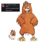  1girl animal_ears animal_hood bird bird_costume bird_feet blush brown_hair commentary crown ear_covers ear_ornament ear_ribbon english_commentary hair_between_eyes hood horse_ears horse_girl long_sleeves looking_at_viewer mini_crown orange_hair owl pink_crown purple_eyes short_hair smile t.m._opera_o_(umamusume) umamusume wolfdetergent 