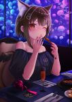  1girl absurdres animal_ear_fluff animal_ears aquarium bare_shoulders black_dress bow box bread bread_slice breasts brown_hair burnt_tongue cat_ears cat_girl cat_hair_ornament cat_tail chair champagne_flute commentary_request cup cutlery dress drinking_glass extra_ears food food_request fork gift gift_box hair_ornament happy_birthday highres holding holding_food knife konan_mia looking_at_viewer medium_breasts nanashi_inc. off-shoulder_dress off_shoulder one_eye_closed plate puffy_short_sleeves puffy_sleeves restaurant short_hair short_sleeves sitting spoon table_knife tail tail_bow tail_ornament tongue tongue_out virtual_youtuber yawaraka_oniku_hatto yellow_eyes 