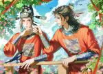  2boys against_railing all_wishes_come_true! alternate_costume bird black_hair black_hat blue_sky blurry blush brown_eyes brown_hair chinese_clothes chinese_commentary closed_mouth cloud commentary_request day eye_contact facial_hair falling_leaves floral_print flower hair_bun hair_ornament hair_ribbon half_updo hand_up hanfu hat highres holding_another's_hair leaf leaf_hair_ornament light_particles long_hair long_sleeves looking_at_another lv_dongbin_(all_wishes_come_true!) male_focus mandarin_collar multiple_boys mustache_stubble outdoors parted_lips profile railing red_hanfu red_ribbon rexcassday ribbon robe sidelocks single_hair_bun sky smile standing stubble tree upper_body yuanlingpao zhongli_quan_(all_wishes_come_true!) 