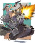  1girl boots border breasts brown_boots brown_eyes brown_hair brown_shorts cannon commentary_request crop_top enfield_no.2_mk1 field_cap fio_germi firing gatling_gun grey_hat grey_vest gun hat highres holding holding_gun holding_weapon impossible_clothes impossible_shirt knee_pads large_breasts looking_ahead metal_slug military_vehicle minigun motor_vehicle muzzle_flash one_eye_closed open_clothes open_vest outside_border ponytail revolver round_eyewear shirt short_shorts shorts sitting sitting_on_object solo sv-001_(metal_slug) tank urasato utility_vest vest weapon webley_revolver white_border white_shirt 