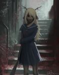  1girl absurdres animal_ears antlers backlighting black_eyes blonde_hair blood blue_sailor_collar blue_serafuku blue_skirt brown_fur buck_teeth club_(weapon) cosplay deer_antlers deer_ears deer_girl deltarune expressionless freckles furry furry_female hand_on_own_arm highres holding holding_club holding_weapon horns muted_colors noelle_holiday remsblight sailor_collar school_uniform serafuku shimizu_hinako shimizu_hinako_(cosplay) signature silent_hill_(series) silent_hill_f skirt solo stairs teeth torn_sleeve utdr_(toby_fox) weapon 
