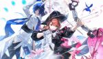  1boy 1girl absurdres archery archery_shooting_glove arknights arrow_(projectile) ascot back-to-back bird black_dress black_hat blue_bird blue_eyes blue_gloves blue_hair bow bow_(weapon) brown_eyes brown_hair cavalier_hat closed_mouth commentary cowboy_shot dove dress dynamic_pose facing_away feathers fighting_stance flipped_hair flower gloves goth_fashion hair_over_one_eye halo hat hat_feather highres holding holding_arrow holding_behind_back holding_bow_(weapon) holding_sword holding_sword_behind_back holding_weapon holding_weapon_behind_back jacket laishamark92077 long_sleeves looking_to_the_side medium_hair moon_phases official_alternate_costume partially_fingerless_gloves persona persona_3 persona_3_reload pink_feathers pink_flower short_hair sword takeba_yukari takeba_yukari_(in_vigil_of_dawn_and_dusk) tunic weapon white_ascot white_background white_bow white_gloves white_jacket white_tunic wide_brim yuuki_makoto_(in_witness_of_glory)_(persona_3) yuuki_makoto_(persona_3) 