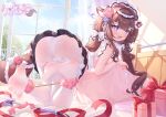  1girl absurdres akovo animal_ears ass bound bound_legs box breasts brown_hair commentary feet frilled_thigh_strap gift gift_box hair_intakes hair_ornament heart heart_in_eye highres indoors light_blush long_hair looking_at_viewer looking_back no_shoes on_bed open_mouth original panties panties_under_pantyhose pantyhose pantyshot purple_eyes soles solo symbol_in_eye syringe tail thigh_strap thighband_pantyhose toes twintails underwear untranslatable_commentary white_panties white_pantyhose window 