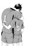  2boys ajiko_0 commentary_request from_side greyscale haikyuu!! height_difference highres kozume_kenma kuroo_tetsurou male_focus monochrome multicolored_hair multiple_boys nekoma_volleyball_uniform roots_(hair) shirt short_hair shorts simple_background sportswear standing volleyball_uniform white_background 