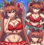  1girl =_= anger_vein animal_ears bare_shoulders bikini bikini_skirt blue_sky blush breasts brown_hair cleavage closed_eyes closed_mouth cloud collarbone commentary daiwa_scarlet_(mini_vacation)_(umamusume) daiwa_scarlet_(umamusume) english_commentary fang food frilled_bikini frills front-tie_bikini_top front-tie_top hair_intakes highres holding holding_food holding_popsicle horse_ears horse_girl large_breasts long_hair looking_at_viewer navel official_alternate_costume open_mouth outdoors popsicle red_bikini red_eyes royalballs_(akawomp) shaded_face sky smile spongebob_squarepants spongebob_squarepants_(series) swimsuit twintails umamusume very_long_hair 