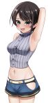  1girl arm_up armpit_focus armpits black_hair black_panties blue_eyes blue_shorts breasts commentary_request grey_shirt highres hololive lace-trimmed_panties lace_trim medium_breasts navel official_alternate_costume oozora_subaru oozora_subaru_(suspenders) open_mouth panties presenting_own_armpit shirt short_hair shorts smile solo sora-wo-tomo underwear virtual_youtuber 