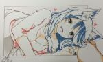  1girl albireo_(yumekui_merry) animal_ear_fluff animal_ears blue_hair breasts cleavage commentary_request cototiworld fang heart highres looking_at_viewer lying marker_(medium) on_bed on_side open_mouth pillow shared_bed signature sleeping_together solo traditional_media yellow_eyes yumekui_merry 