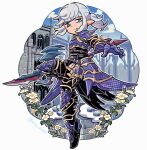 1boy armor armored_boots black_pants blue_eyes boots border castle closed_mouth commentary dragoon_(final_fantasy) elezen elf estinien_varlineau final_fantasy final_fantasy_xiv floating_hair flower gauntlets grey_hair holding holding_polearm holding_weapon long_hair male_focus oimo_(motu_club) pants pauldrons pointy_ears polearm ponytail purple_armor shoulder_armor sidelocks solo standing standing_on_one_leg tassets twitter_username untranslatable_commentary weapon white_border white_flower 