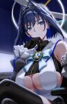  1girl black_gloves black_hair blue_eyes blue_hair bow bow_earrings breasts chain chain_headband cleavage clothing_cutout commentary detached_sleeves earrings english_commentary fanged_bangs gloves grasskii hair_intakes halo heart-shaped_gem hololive hololive_english jewelry large_breasts mechanical_halo multicolored_hair ouro_kronii ouro_kronii_(1st_costume) pinstripe_pattern pinstripe_shirt ribbon_earrings shirt short_hair solo underboob_cutout virtual_youtuber 
