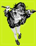  1girl absurdres arms_up axe battle_axe black_hair black_jacket black_nails black_shoes black_shorts breasts cleavage commentary_request crop_top denim denim_shorts fang from_above furrowed_brow green_background highres holding holding_axe jacket leather leather_jacket making-of_available messy_hair multicolored_hair navel original shirt shoes shorts skin_fang socks solo tongue tongue_out two-tone_hair weapon white_hair white_shirt white_socks wolf_cut yoshizawa_takuma 